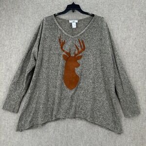 Moa Moa Grey Heathered V Neck Long Sleeve Tunic‎ Top Deer Applique 1X Christmas